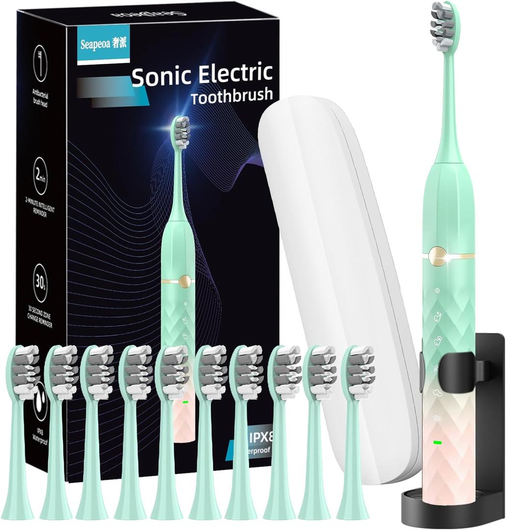 Sonic Electric Toothbrush Set, Equipped with 10 Brush Heads and Travel Case, IPX8 Waterproof, 2-Minute Timer, 42000 High-Frequency Vibrations, 5 Modes, The First Choice for Gift Giving, Green Pink