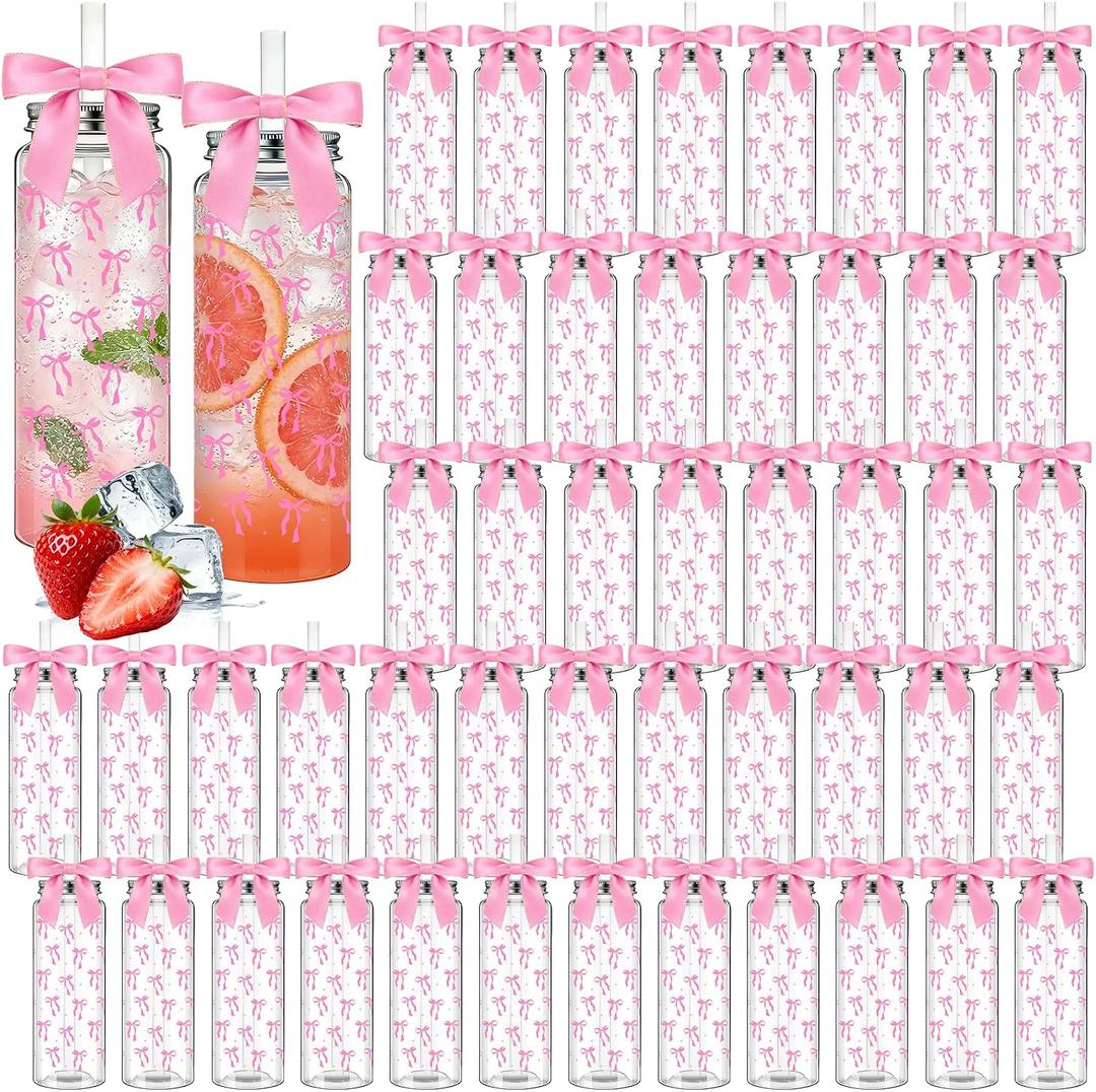 50 Pack 14oz Coquette Pink Bow Plastic Cups with Lids Straws & Pink Satin Ribbon Bows, Reusable Cute Aesthetic Tumblers for Birthday Wedding Bridal Shower Party Supplies for Women