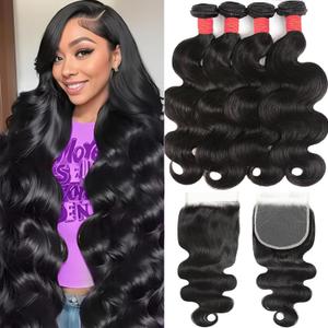 12A Human Hair Bundles with Closure 18 20 22 24+16 Inch Brazilian Body Wave 4 Bundles Human Hair with 5x5 HD Lace Closure Unprocessed Virgin Human Hair Natural Black