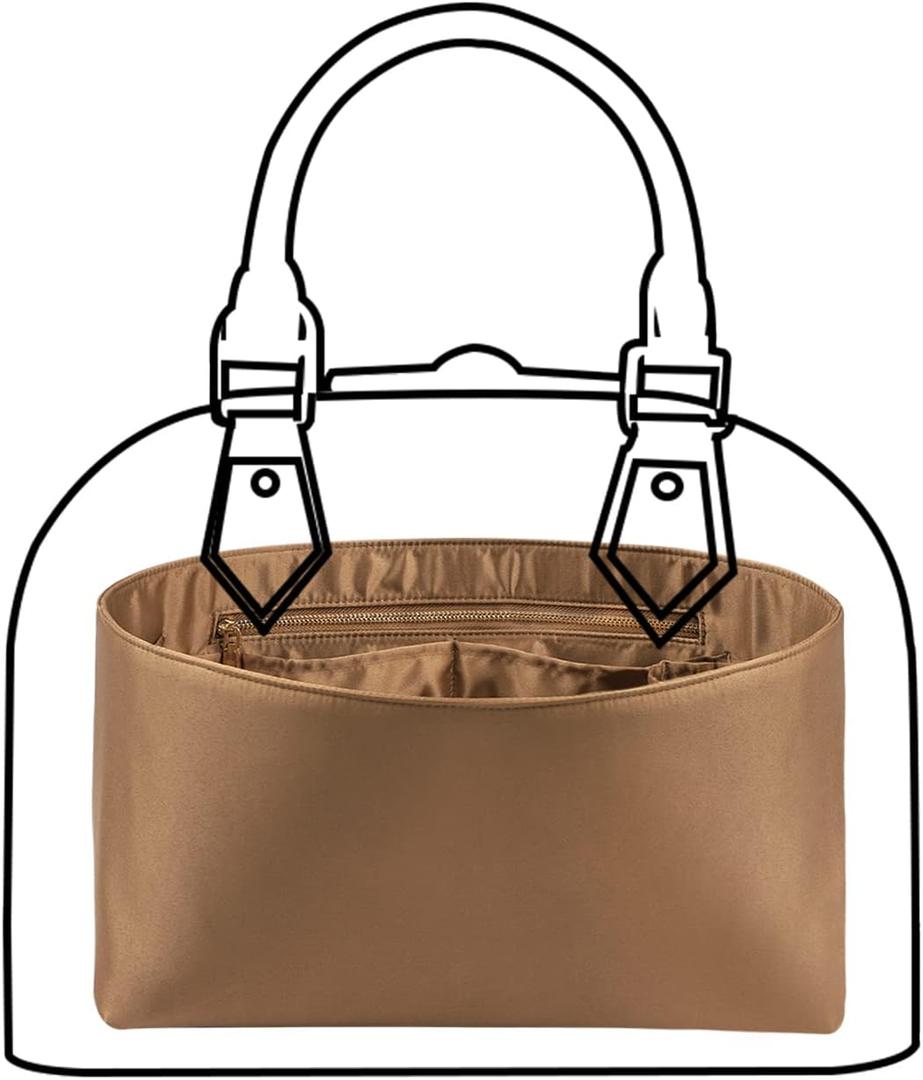 ZTUJO Purse Organizer Insert For Handbags, Silk Purse Organizer with Zipper, Silky Smooth, Bag Organizer For Speedy Never full Tote, on the go, Artsy, 6 Sizes(Small, Silky Brown)