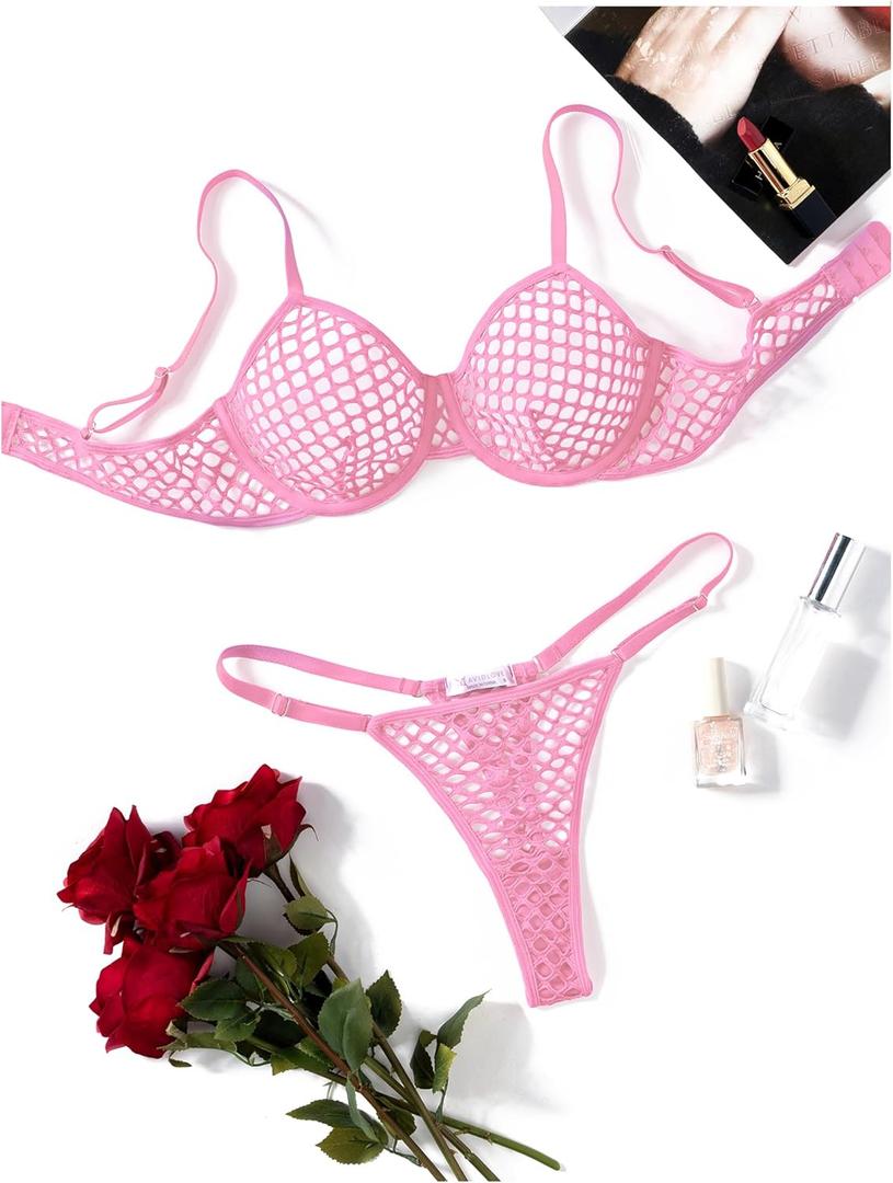 Avidlove Fishnet Lingerie Set Hollow Out Push Up Bra and Sheer Thong Women's Sexy Lingerie Underwear 2 Piece (Large, Deep Pink)