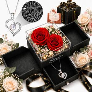 Forever Love Preserved Real Rose with Heart Necklace, for Mom, Wife, Anniversary Birthday Gifts for Women Projects I Love You in 100 Languages