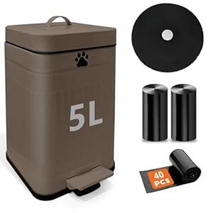 Dog Poop Trash Can Outside, 5L/1.3Gal Metal Dog Waste Trash Can with Lid, Foot Pedal, Pet Waste Container with 40 Bags, Poop Bucket with Lid Soft Close for Pet, Brown