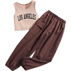 Floerns Girls 2 Piece Outfit Letter Print Rib Knit Crop Tank Top and Cargo Pants Brown 11-12Y