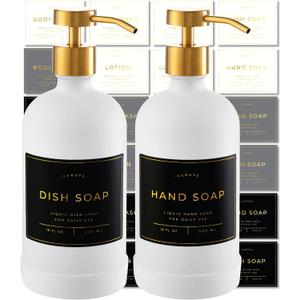 Hand and Dish Soap Dispenser for Kitchen and Bathroom, Set of 2 16 Oz Glass Bottles, Stainless Steel Pumps, Non-Slip Silicone Base, 27 Waterproof Labels (Matte White Bottle/Brushed Gold Pump)