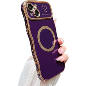 ZONRW for iPhone 14 Plus Case Magnetic,for Women Girls Soft Cute Wave Frame Curly Shape Love Heart Luxury Plating Phone Case Compatible with MagSafe Shockproof Back Cover 6.7"-Dark Purple