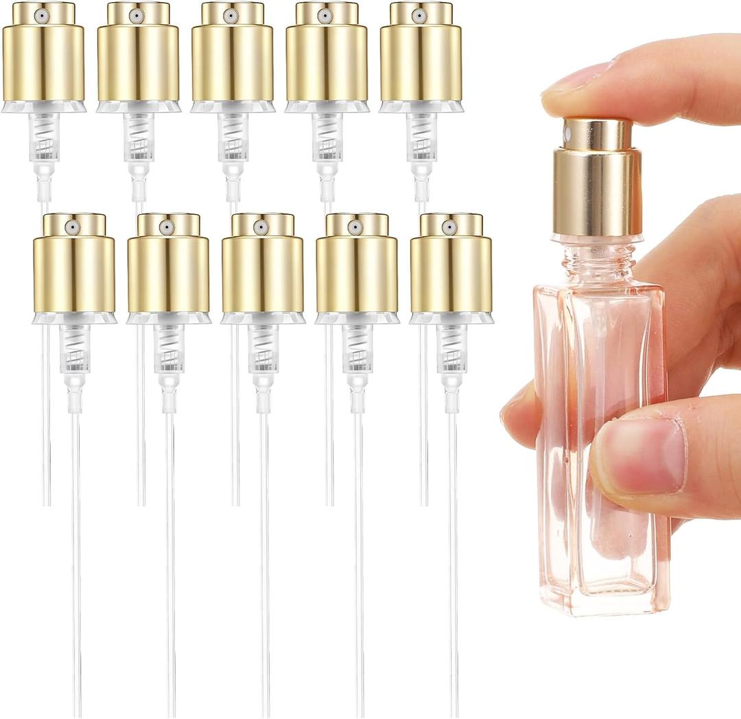 Spray Bottle Nozzle 10pcs Gold Snap-on Atomizer Heads - Leak-Proof Fine Mist Replacement Nozzles for 13mm Perfume & Cologne Bottles, DIY Refill, Home or Salon Use