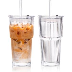 KEMORELA 2-Pack 20 oz Ribbed Glass Tumblers with Lids and Glass Straws Vintage Iced Coffee Cups, Reusable Smoothie & Cocktail Drinking Glasses, Clear Glassware for Home or Cafe