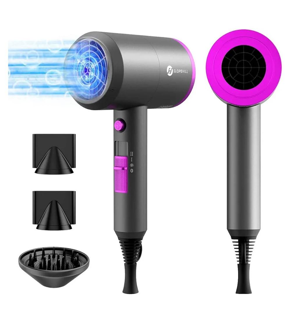 slopehill Professional Ionic Hair Dryer, Powerful 1800W Fast Drying Low Noise Blow Dryer with 2 Concentrator Nozzle 1 Diffuser Attachments for Home Salon Travel