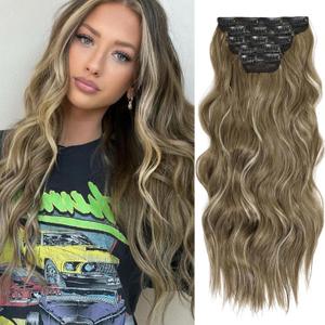 WOKAA Synthetic Clip in Hair Extensions 20 Inch Wavy Hair Extensions Clip Ins 5Pcs Light Brown Mix Blonde Synthetic Curly Hair Hairpieces for Women