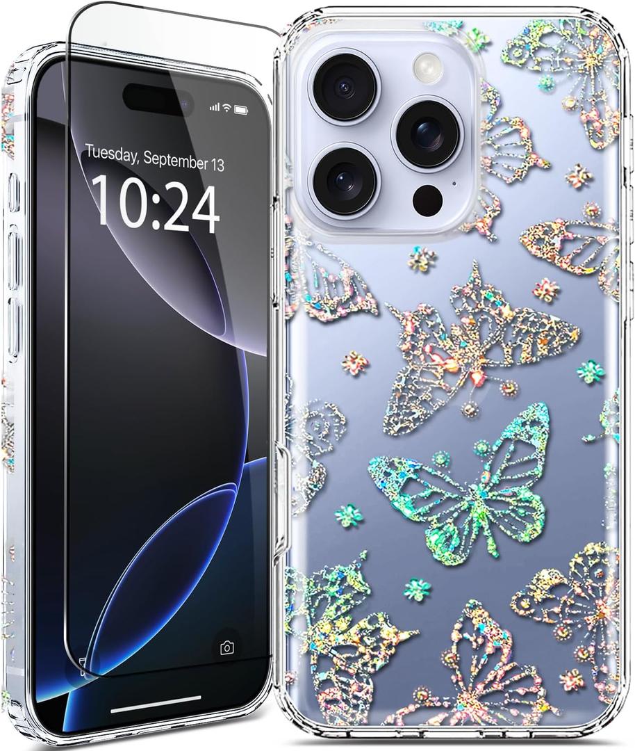 for iPhone 16 Pro Max Case with Screen Protector, Cute for Women Girls, 10FT Military Grade Protective Cover for iPhone 16 ProMax Case Sparkle Crystal Butterfly Bling, Clear Glitter