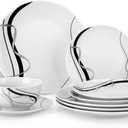 VEWEET Porcelain Dinnerware Sets for 4, 12 Pieces Plates and Bowls Set with Black and Grey Ribbon Lines, Dishes Set Dining Ware for Dinner, Microwave and Dishwasher Safe, Series FIONA