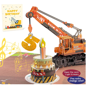 DTESL 3D Greeting Pop Up 5th Birthday Card with light and music, Crane Truck card For Boy, Nephew, Grandson, Son, Toddler, with Envelope, Message Card  Open it play: plays hit song 'Happy Birthday'