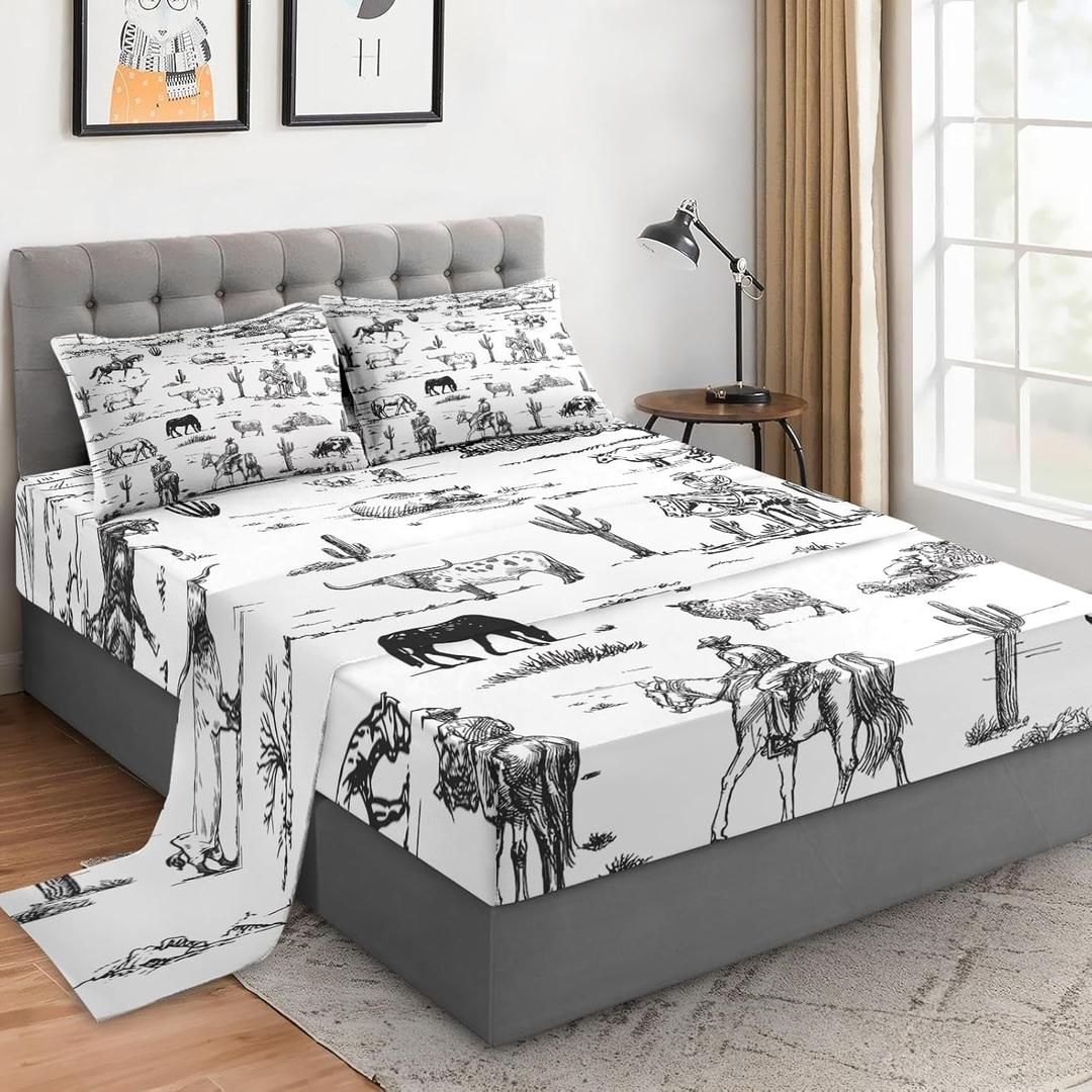 3 Pieces Twin Size Bed Sheet Sets with Pillowcases, Cowboy Farm Horse Soft Microfiber Bedding for Kids and Adults, Flat, Fitted Sheet for Bedroom Bed Decor