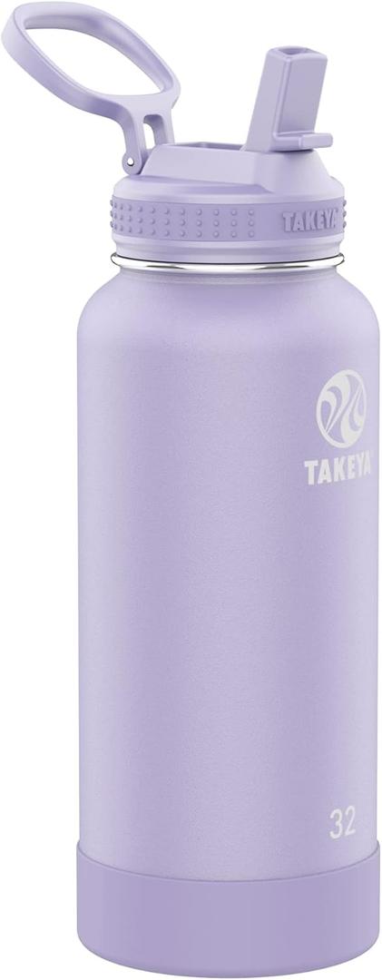 Takeya 32 oz Actives Stainless Steel Water Bottle with Straw Lid Leakproof, Double-Wall Insulated, Keeps Drinks Cold 24 hrs/Hot 12 hrs, BPA-Free, Powder-Coated, Gym & Travel, Lavender Field