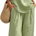Womens Boho Linen 2 Piece Sets Summer Sleeveless Halter V Neck Tank Top Wide Leg Pants Matching Lounge Outfits 2026 (Green, XXL)
