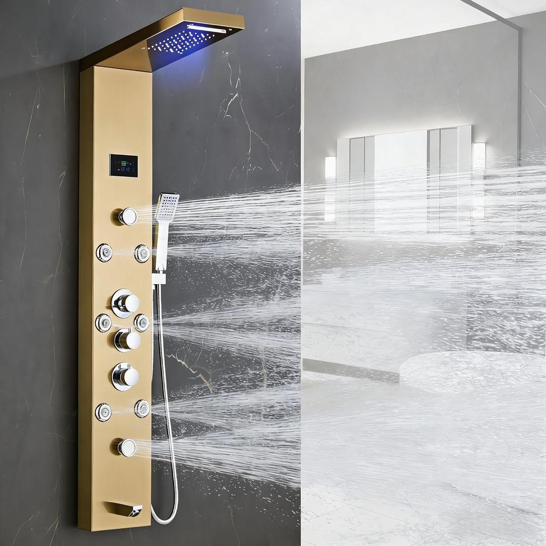 HSYLYPA LED 5-in-1 Shower Panel Tower System,Brushed Gold