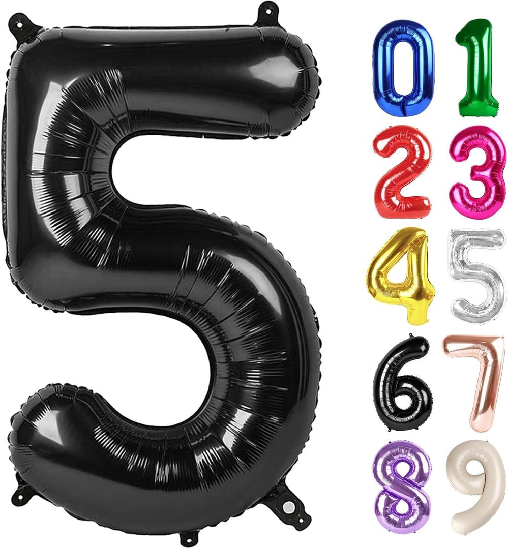5 Balloon - Black Birthday Number Balloons, 40 Inch Large Foil Balloons for Men Women Boys Girs Black Themed Birthday Decorations