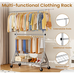 Heavy Duty Clothes Rack for Hanging Clothes, Double Rods Clothing Rack with Lockable Wheels, Rolling Garment Racks with Shelf, Easy to Assemble, Silver