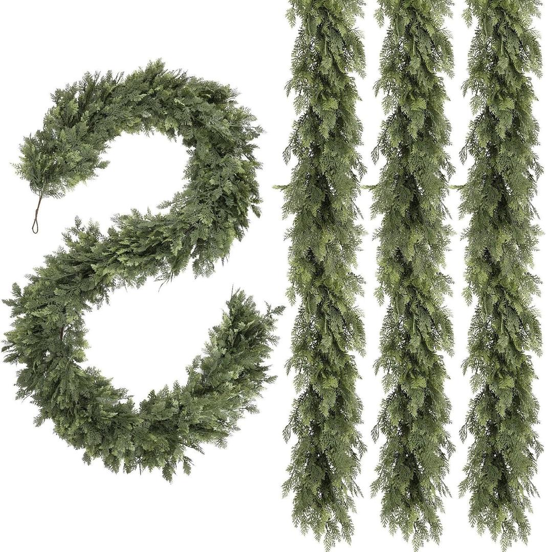 Christmas Garland 9FT Decorations Real Touch Cedar Cypress Pine Greenery Artificial Green Christmas Garland for Mantle, Fireplace, Table, Stairs, Door, Porch, Indoor Outdoor Decorations, 4Pcs