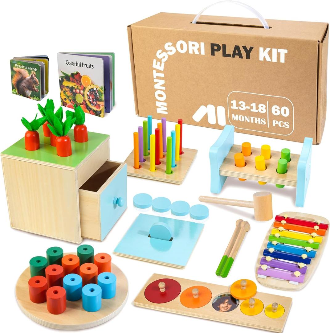 WOODMAM Wooden Montessori Toys for 1+ Year Old, 9 in 1 Learning Educational Toys for Toddler with Educational Box, Xylophone, Pound Bench, Shape Puzzle and More, Baby Toy Gift for 13-18 Months