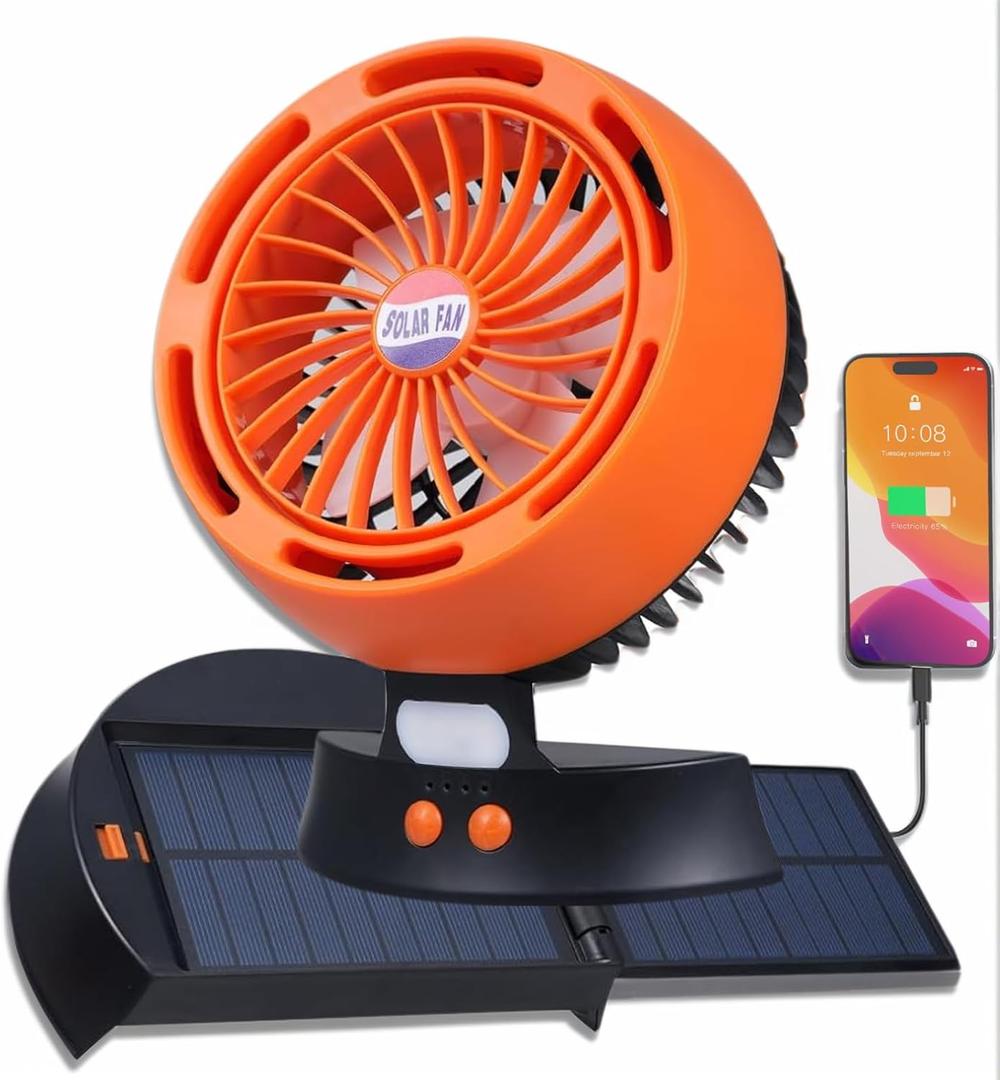 Portable Solar Fan - 10000mAh Big Battery, Compact & Lightweight, Solar-Powered, 4 Speeds & LED Light for Camping, Hiking & Emergencies! (Small, Orange)