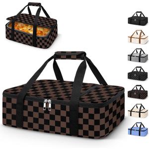 Coobiiya Insulated Casserole Carrier,Lasagna Lugger Tote Keeps Food Hot or Cold,Thermal Lunch Bag Warmer & Cooler Carrier Bag,Portable Tote Bag Fits 9" x 13" Baking Dish for Picnic and Cookouts (Single Layer: 15.75  11.8  4.7 in, Brown Grid)