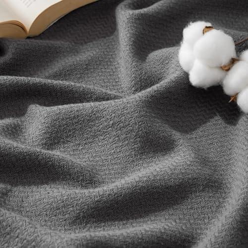 Bedsure 100% Cotton Blanket Twin XL Size for Bed - Breathable and Lightweight, Soft Cozy Textured Herringbone Woven Summer Blanket for College Dorm, Dark Grey, 66x90 inches