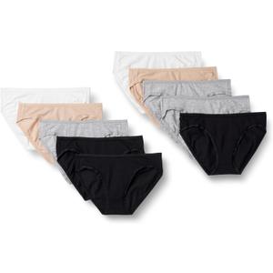Amazon Essentials Women's Cotton Bikini Brief Underwear, Pack of 10, Black/ Grey Heather/ Light Pink/ White, X-Small
