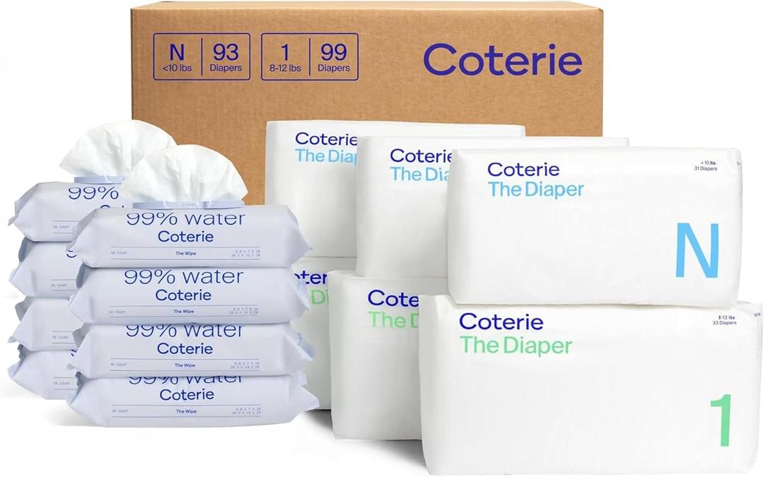 Coterie Baby Wipes + Diapers Kit, Size 1 (99 Count) & Size Newborn Diapers (93 Count), 8 Pack (448) Baby Wipes with 99% Water, Plant Based Materials, Hypoallergenic for Sensitive Skin