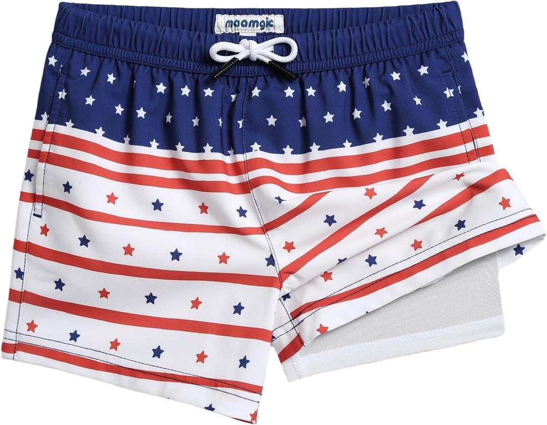 maamgic Boys Swim Trunks with Compression Liner 4-Way Stretch Quick Dry Bathing Suit Toddler Beach Shorts (8 Years, American Flag)