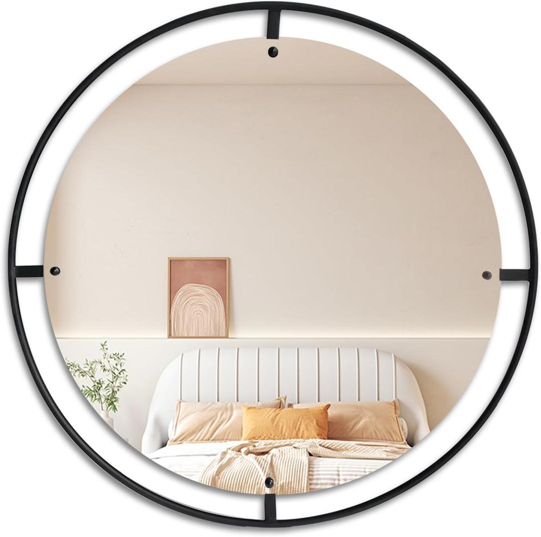 Black Metal Round Vanity Mirror, Easy to Install Modern Wall Mirror, 27 Inch Home Decorative Circle Mirror for Entryway Foyer Living Room Bedroom Bathroom