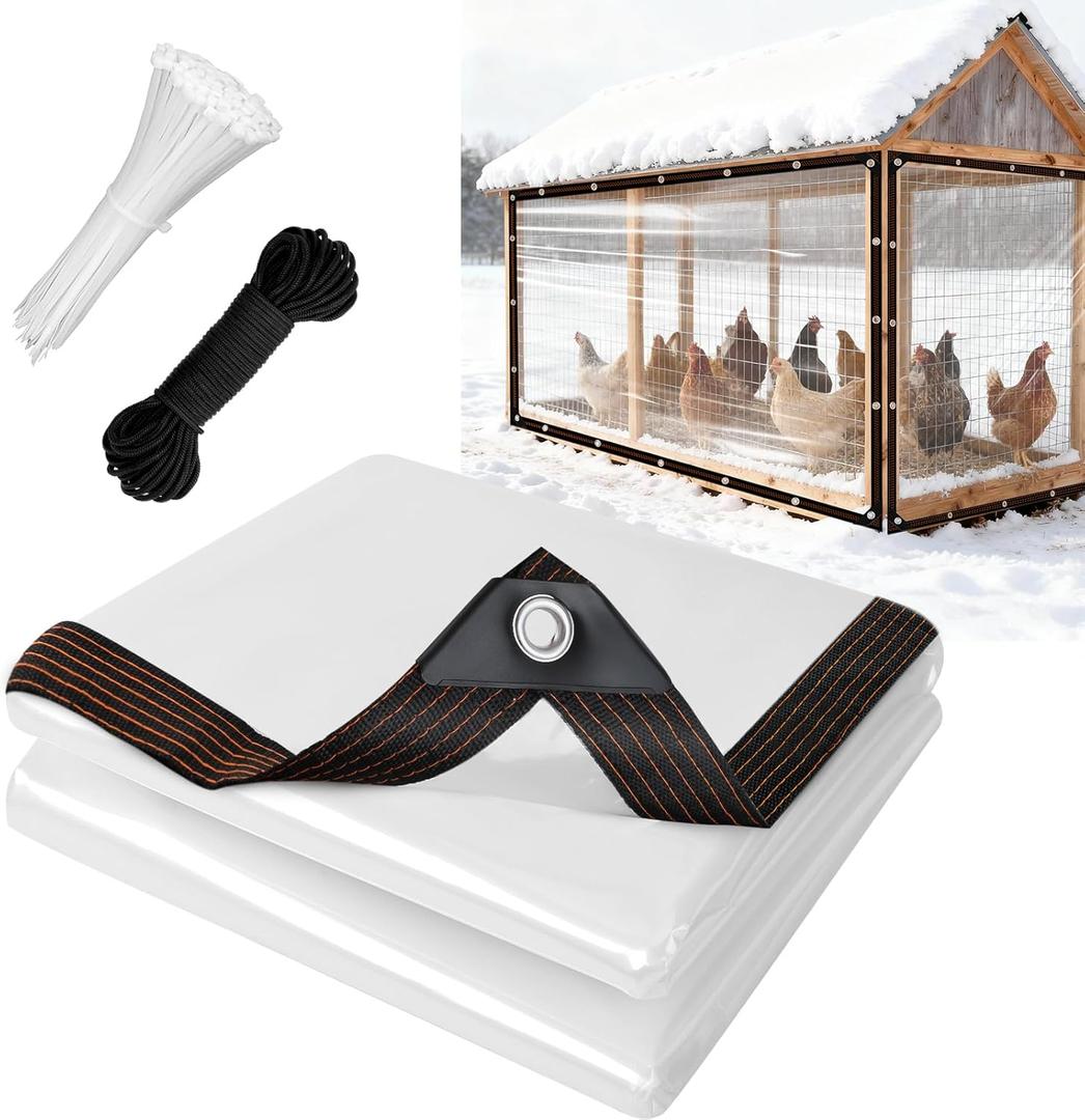 UNIFAMILY Chicken Coop Covers for Winter, Clear Tarp for Chicken Coop, Waterproof Chickens Run Cover with Rope & Cable Tie, Insulation Windproof Winterizing Cover for Poultry Patio