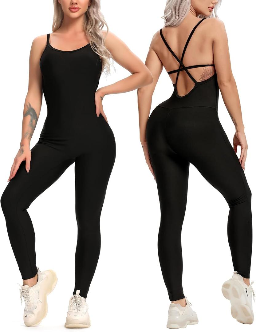 KIWI RATA Womens Sexy Bodycon Backless Jumpsuit Workout One-Piece Cacual Sculpted Bodysuit Sport Romper (Small, #0 Black)