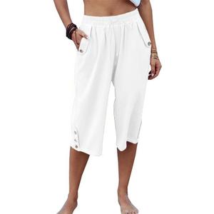 Larmliss Womens Casual Capri Pants Elastic Waist Solid Color 3/4 Wide Leg Summer Trousers with Pockets, XX Large