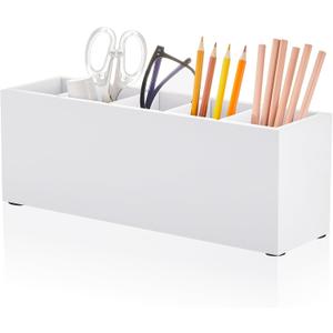 Jetec Wooden Pencil Holder 5 Compartments for Desk Adjustable Pen Holder Wood Office Desk Organizers and Accessories Makeup Brush Organizer for Pen, Home, Office and Art Supplies (White)