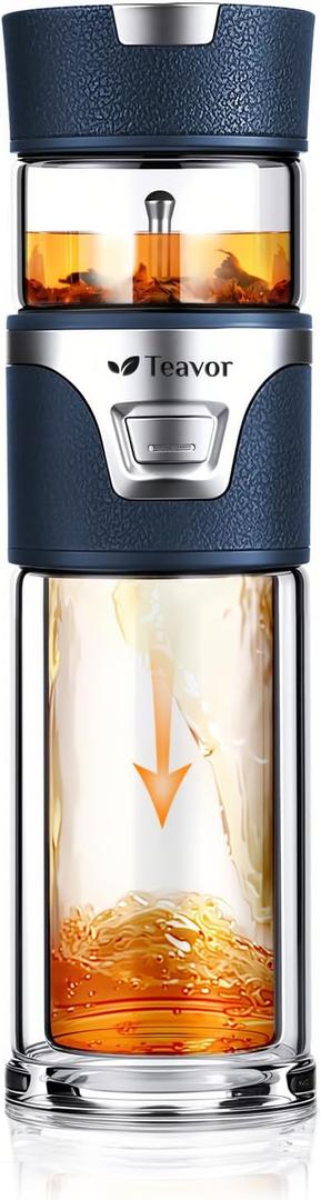 MagicFlow One-Press Smart Tea Infuser Bottle, Double-Walled Glass Teapot for Loose Leaf, Leakproof Portable Travel Tea Tumbler (15.6oz, Twilight Blue)