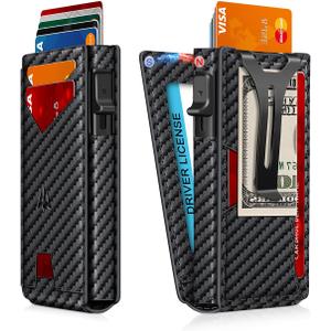 Wallet for MenSlim Minimalist Wallet with Money Clip  ID Window, RFID Blocking Pop-Up Credit Card HolderSmart Auminum Mens Wallet Holds 9-13 Cards, Front Pocket Bifold (Magnetic Closure, Gift Box) (Carbon Fiber)