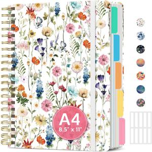 Large Spiral Lined Notebooks for Work with Removable Dividers & Tabs, 8.5"x11" Pretty Hardcover 5 Subject Notebook Journal for Women, College Ruled, Perfect for Study & Office Organization, 280 Pages,Wildflowers
