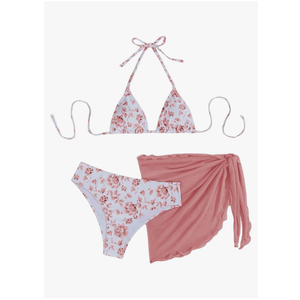 SHENHE Women's 3 Piece Floral Bikini Set with Wrap Coverup Halter Triangle Swimsuits, Large