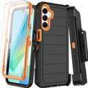 for Samsung Galaxy A16 5G Case with Belt Clip Holster,2X Screen Protectors & Kickstand,Heavy Duty Shockproof Drop Protection Bumper Military Grade Full Body Non Slip Rugged Durable Phone Cover (Black Orange#1)
