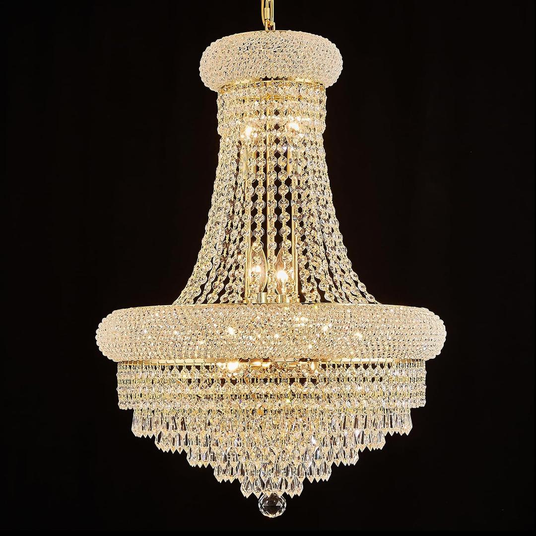Empire Crystal Chandelier for Dining Room, 12 Light Chandelier Light Fixture for Foyer Entryway Living Room Stairway Bedroom Gold Finish 22 inch, 27" H x 22" W x 22" D
