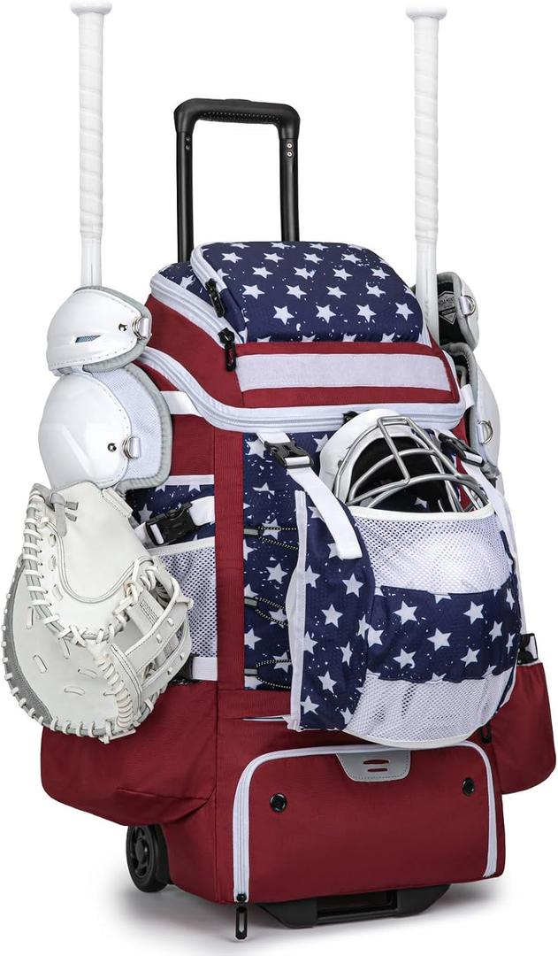 KAVIGOR Catchers Gear Bag with Wheels, 90L Rolling Baseball/Softball Bag Holds 2 Sets of Gear with Glove Compartment, Helmet Holder & Shoe Compartment, Large