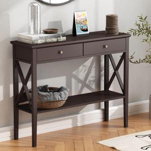 ChooChoo Console Table with Drawers, Narrow Wood Accent Sofa Table Entryway Table with Storage Shelf for Entryway, Front Hall, Hallway, Living Room, Espresso, 11.8"D x 39.4"W x 31.5"H