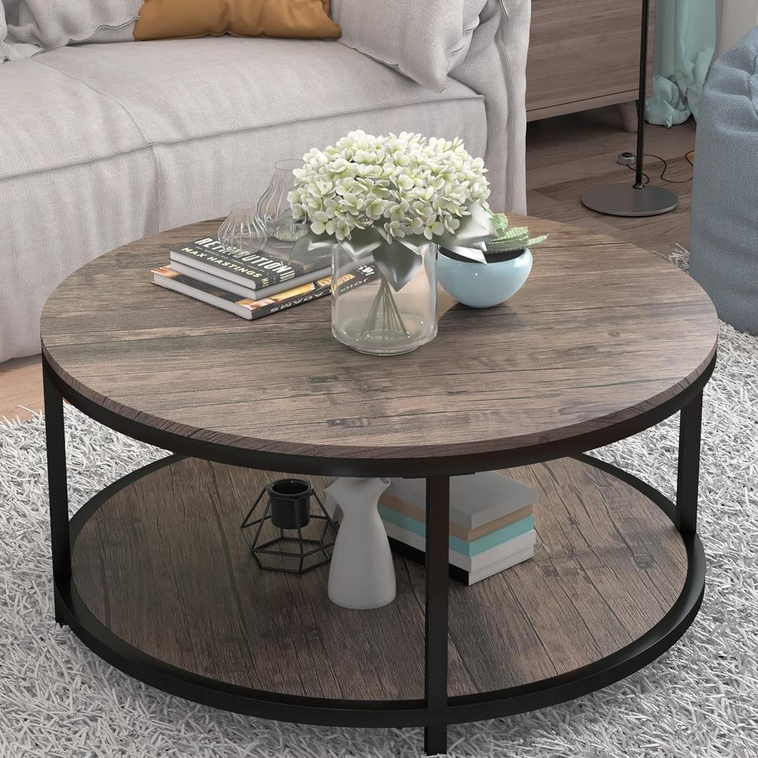 NSdirect Round Coffee Table, 36" Coffee Table for Living Room, 2-Tier Rustic Wood Desktop with Storage Shelf Modern Design Home Furniture(Dark Walnut) (36 in, Walunt)