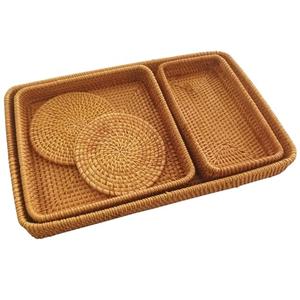 Rattan Tray Rectangle, Rattan Basket Set of 5, Wicker Decorative Serving Tray Fruit Baskets Food Serving Holders Woven Baskets for Storage Home Kitchen Restaurant Decor