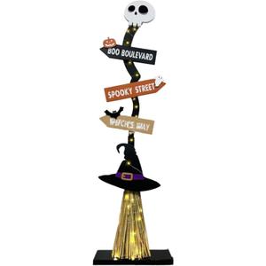 Halloween Porch Sign Wood Halloween Porch Decor with Light Strip Easy Assembly Witch Broom Shape Road Sign with Skeleton Top for Outdoor Decorations,Yard Signs
