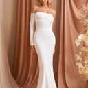KUTUMAI Off Shoulder Tie Formal Wedding Guest Dresses for Women Fall Long Sleeve Bodycon Lace Up Maxi Dress (White, M)