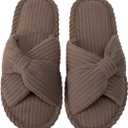 Enteer Women's Corduroy Bow Memory Foam Slippers, Open Toe Cross Band Non-Slip Indoor Outdoor House Slippers