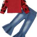 Kucnuzki Toddler Girl Clothes Cute Kids Clothes Long Sleeve Shirts Top Bell Bottom Denim Jeans Pants 2 Piece Matching Outfits (4-5T, Red)